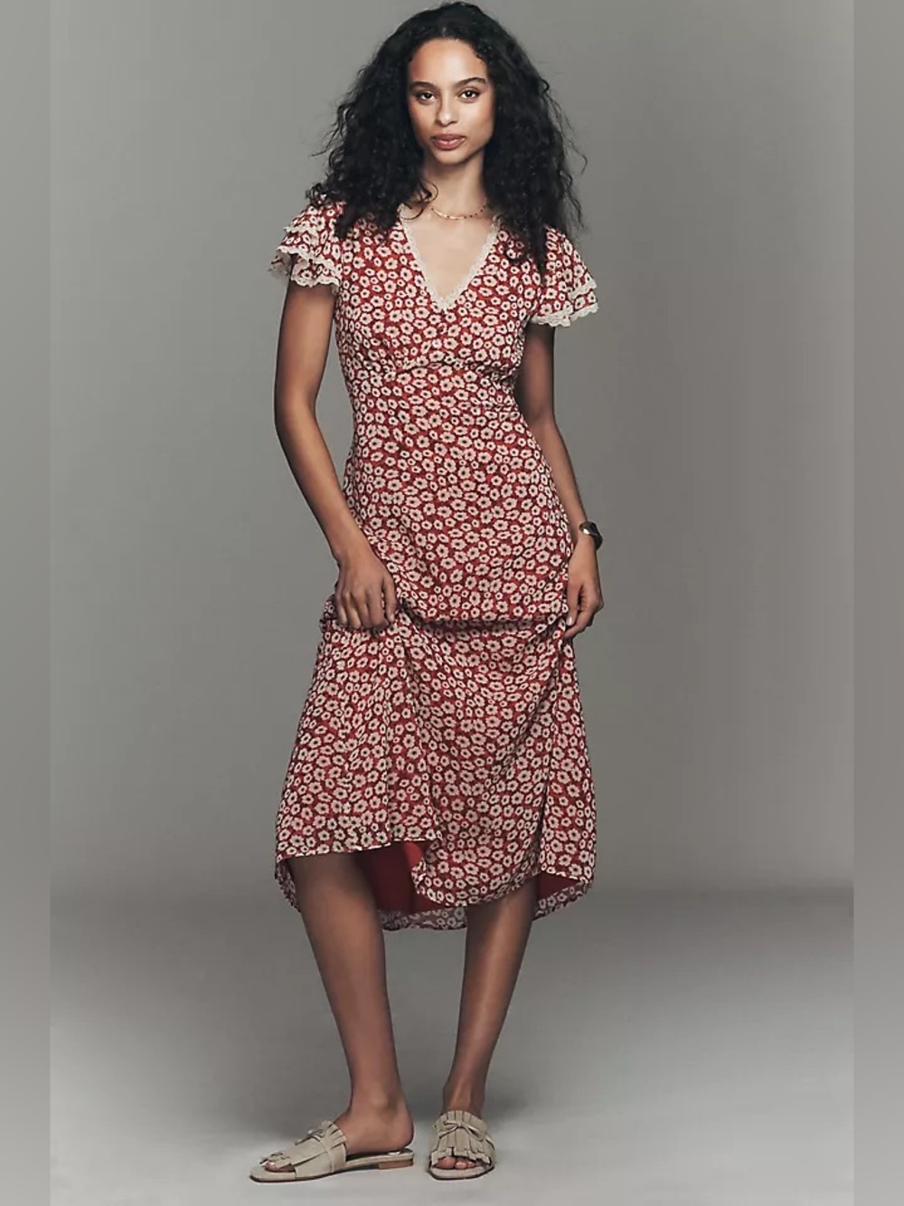 Anthropologie x Exquise V-Neck Flutter-Sleeve Midi Dress